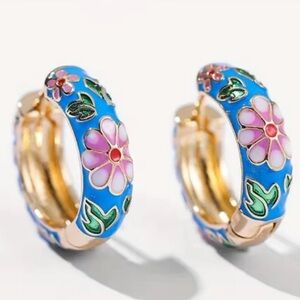 New! Colourful Enamel Floral Hoop Earrings – Blue & Gold Statement Retro Style